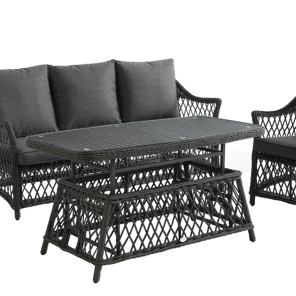 Willowbrook Lattice Weave Rattan 5-Seater Sofa Set with Rising Table, Dark Grey