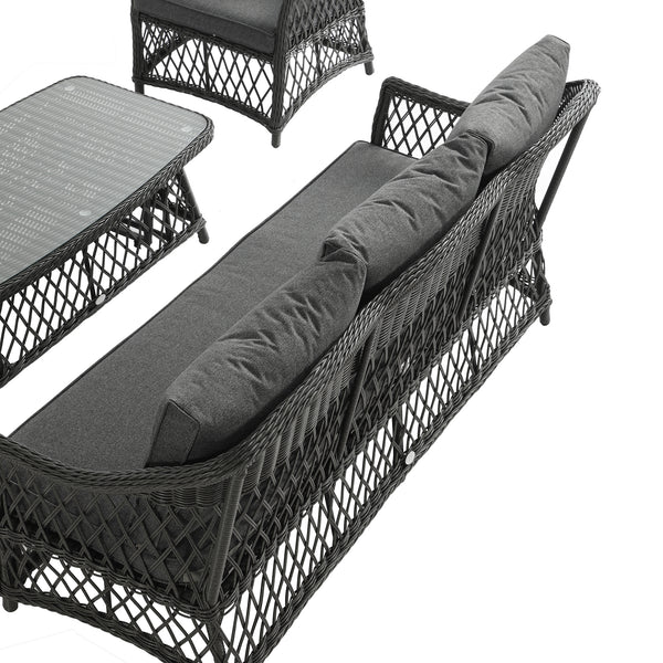 Willowbrook Lattice Weave Rattan 5-Seater Sofa Set with Rising Table, Dark Grey