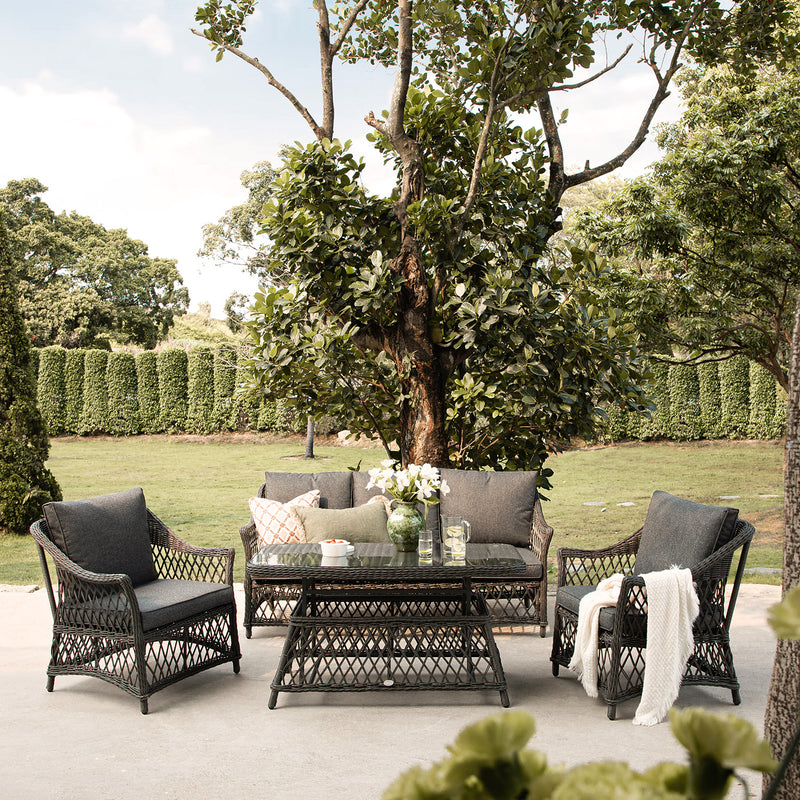 Willowbrook Lattice Weave Rattan 5 - Seater Sofa Set with Rising Table, Dark Grey - daals