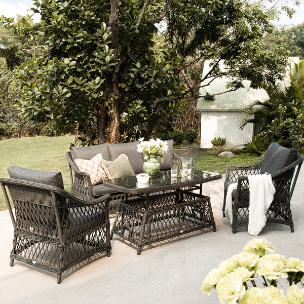 Willowbrook Lattice Weave Rattan 5 - Seater Sofa Set with Rising Table, Dark Grey - daals