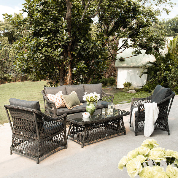 Willowbrook Lattice Weave Rattan 5 - Seater Sofa Set with Rising Table, Dark Grey - daals