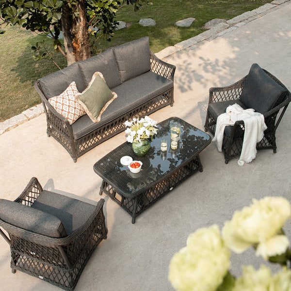 Willowbrook Lattice Weave Rattan 5 - Seater Sofa Set with Rising Table, Dark Grey - daals