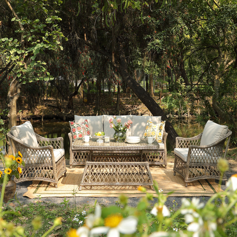 Willowbrook Lattice Weave Rattan 5-Seater Sofa Set with Rising Table, Natural