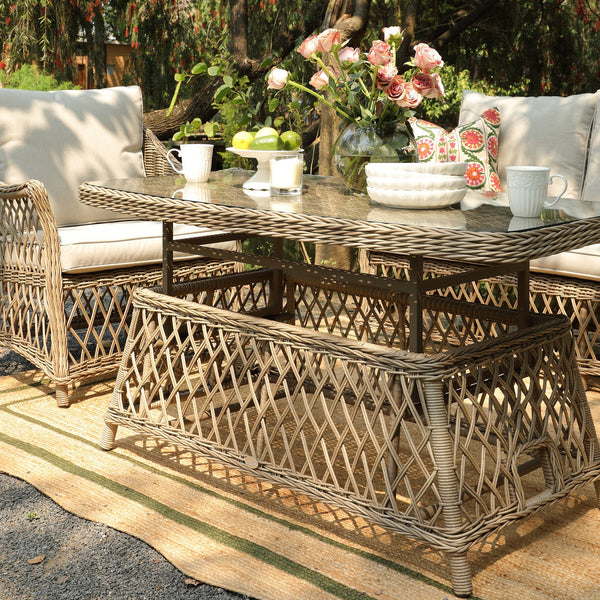 Willowbrook Lattice Weave Rattan 5-Seater Sofa Set with Rising Table, Natural