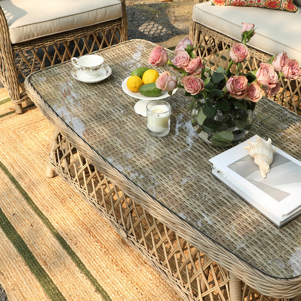 Willowbrook Lattice Weave Rattan 5-Seater Sofa Set with Rising Table, Natural