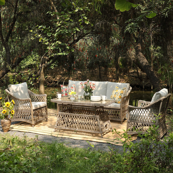 Willowbrook Lattice Weave Rattan 5-Seater Sofa Set with Rising Table, Natural