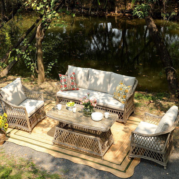 Willowbrook Lattice Weave Rattan 5-Seater Sofa Set with Rising Table, Natural