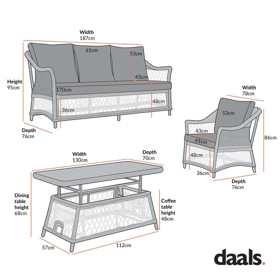 Willowbrook Lattice Weave Rattan 5-Seater Sofa Set with Rising Table, Natural