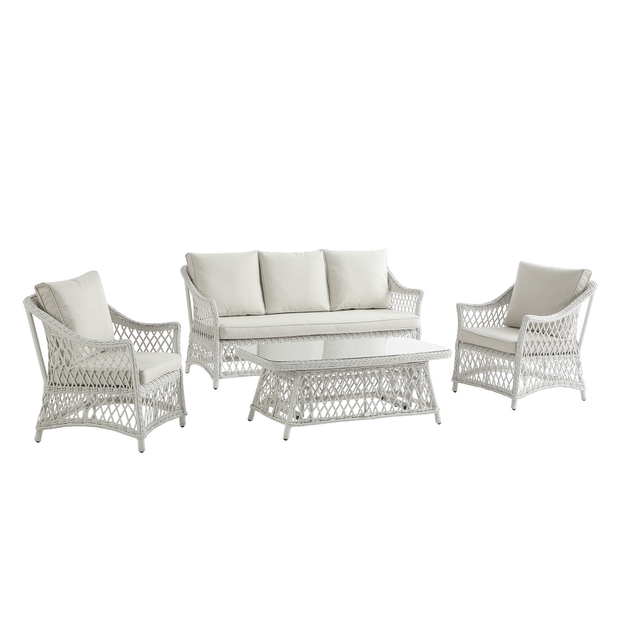 Willowbrook Lattice Weave Rattan 5 - Seater Sofa Set with Rising Table, White - daals