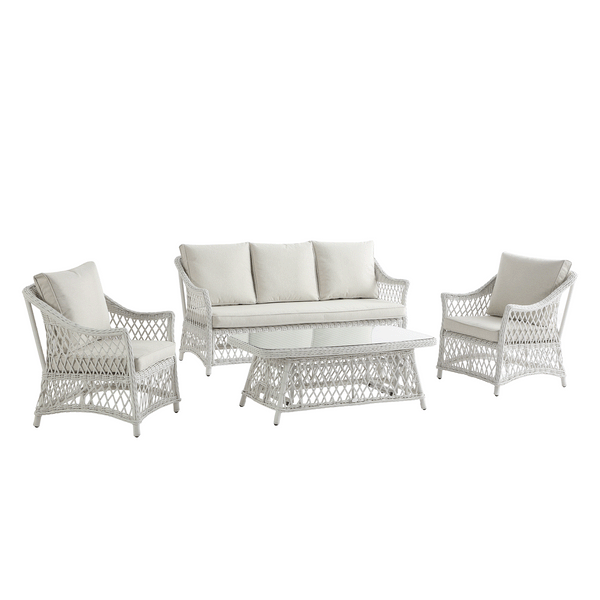 Willowbrook Lattice Weave Rattan 5-Seater Sofa Set with Rising Table, White