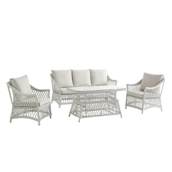 Willowbrook Lattice Weave Rattan 5-Seater Sofa Set with Rising Table, White