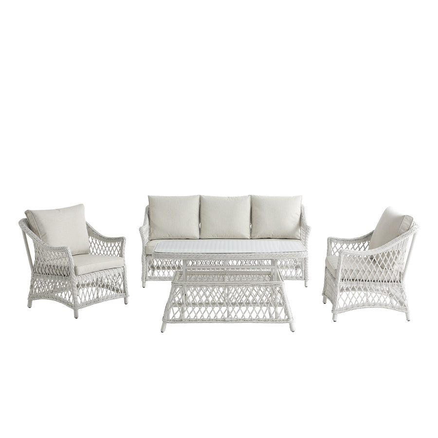 Willowbrook Lattice Weave Rattan 5 - Seater Sofa Set with Rising Table, White - daals