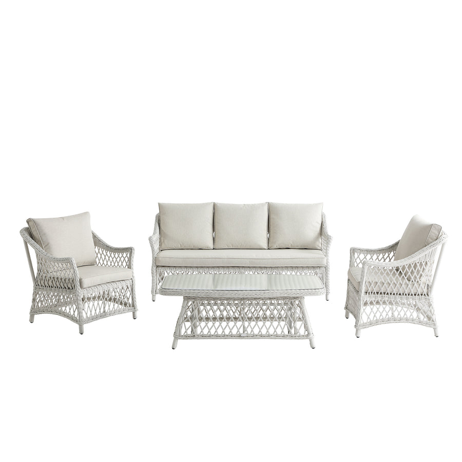 Willowbrook Lattice Weave Rattan 5 - Seater Sofa Set with Rising Table, White - daals