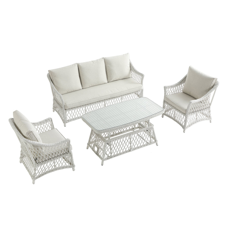 Willowbrook Lattice Weave Rattan 5 - Seater Sofa Set with Rising Table, White - daals