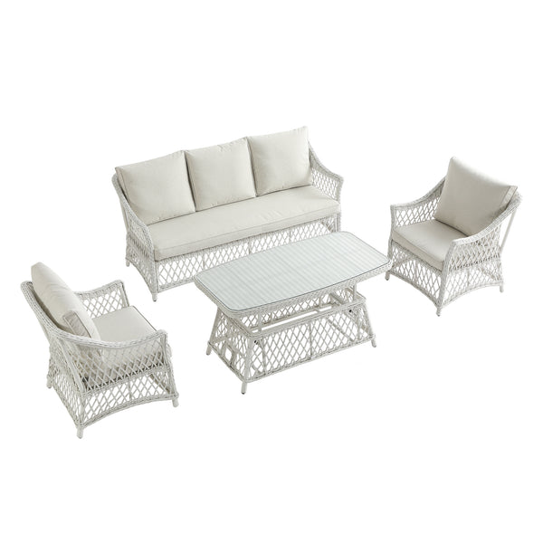 Willowbrook Lattice Weave Rattan 5-Seater Sofa Set with Rising Table, White