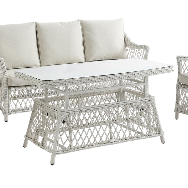 Willowbrook Lattice Weave Rattan 5-Seater Sofa Set with Rising Table, White