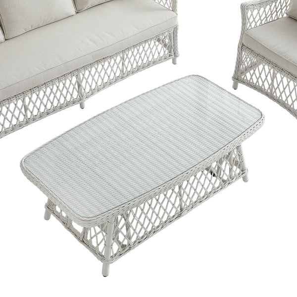 Willowbrook Lattice Weave Rattan 5-Seater Sofa Set with Rising Table, White
