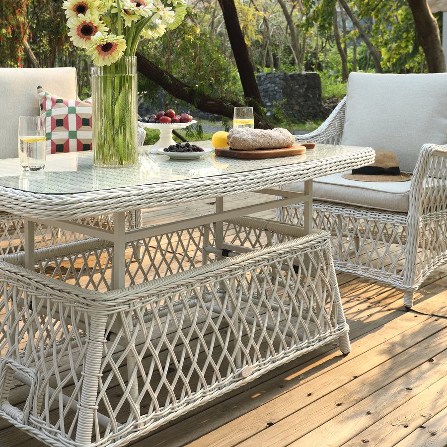 Willowbrook Lattice Weave Rattan 5 - Seater Sofa Set with Rising Table, White - daals