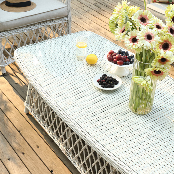 Willowbrook Lattice Weave Rattan 5-Seater Sofa Set with Rising Table, White