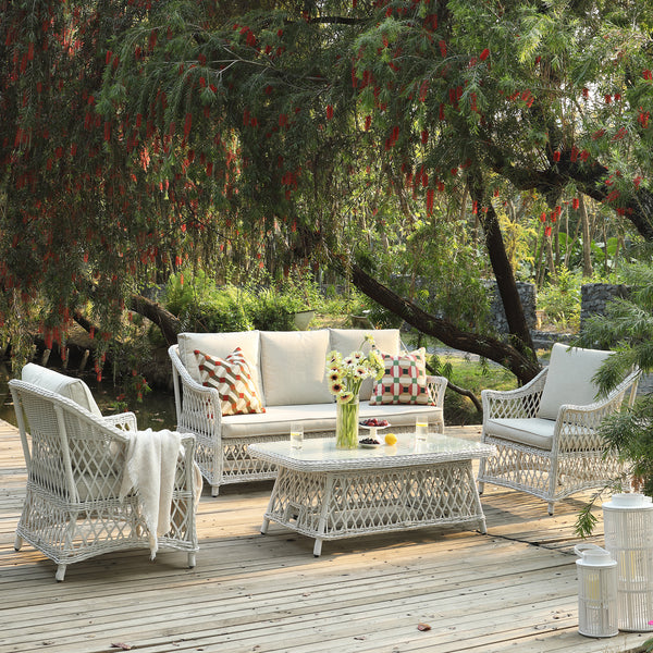 Willowbrook Lattice Weave Rattan 5-Seater Sofa Set with Rising Table, White