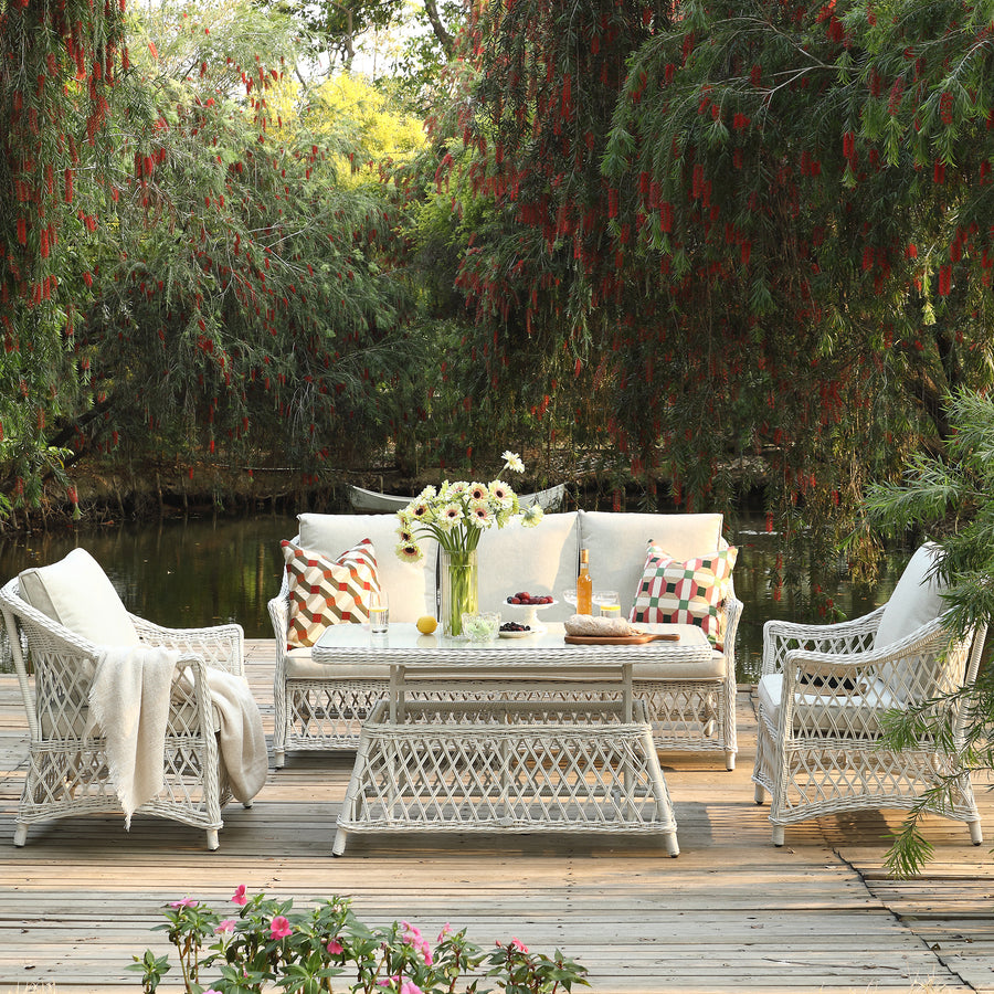 Willowbrook Lattice Weave Rattan 5 - Seater Sofa Set with Rising Table, White - daals