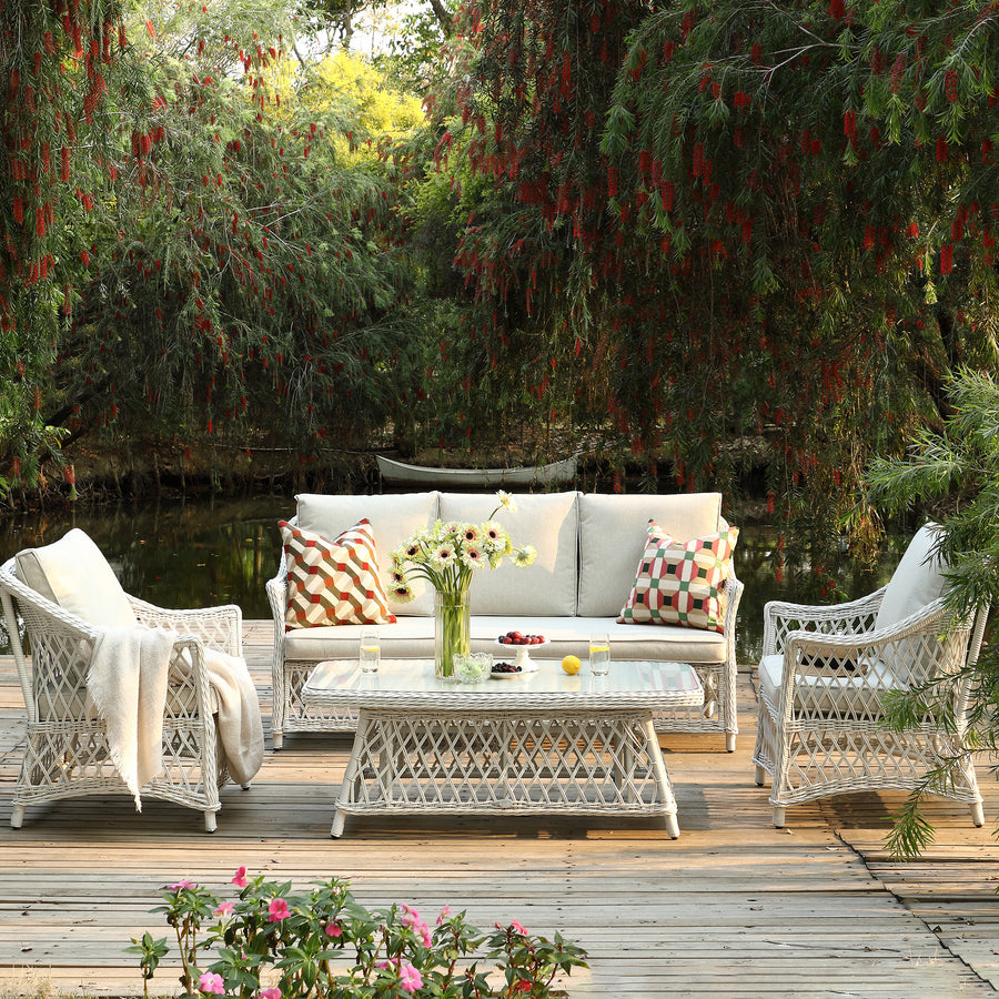 Willowbrook Lattice Weave Rattan 5 - Seater Sofa Set with Rising Table, White - daals