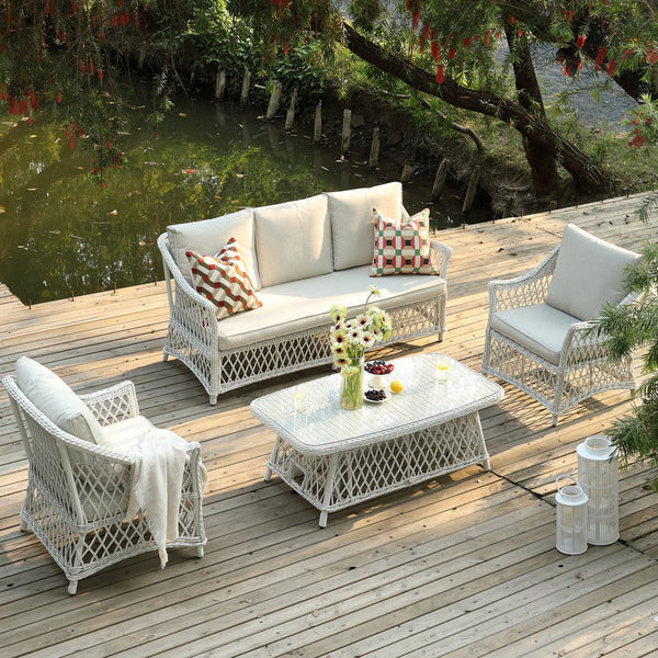 Willowbrook Lattice Weave Rattan 5-Seater Sofa Set with Rising Table, White