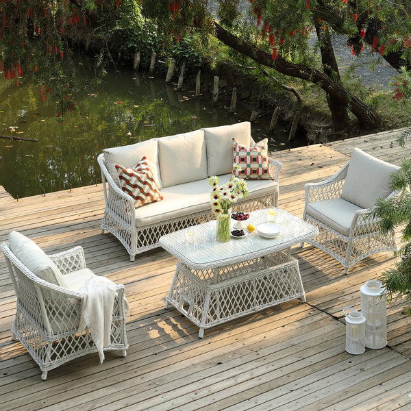 Willowbrook Lattice Weave Rattan 5-Seater Sofa Set with Rising Table, White