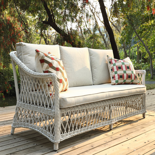 Willowbrook Lattice Weave Rattan 5-Seater Sofa Set with Rising Table, White