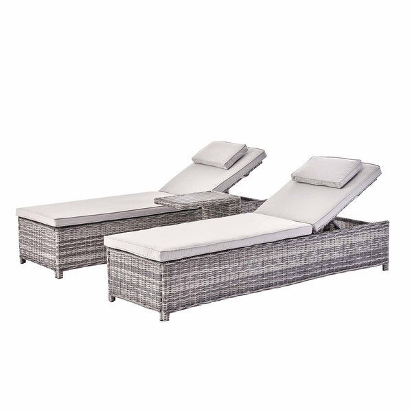 Hampshire Round Wicker Rattan Sun Lounger Set with Side Table, Light Grey