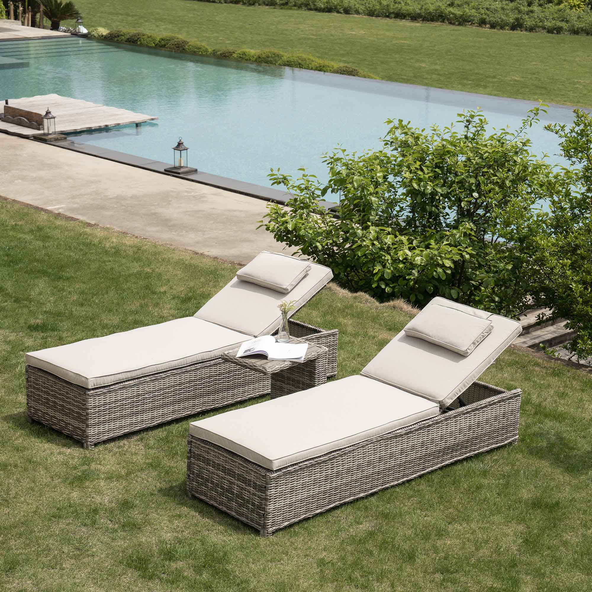Hampshire Round Wicker Rattan Sun Lounger Set With Side Table Light G Hampshire Round Wicker Rattan Sun Lounger Set With Side Table Light G