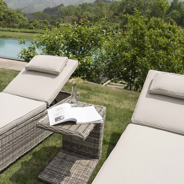 Hampshire Round Wicker Rattan Sun Lounger Set with Side Table, Light Grey