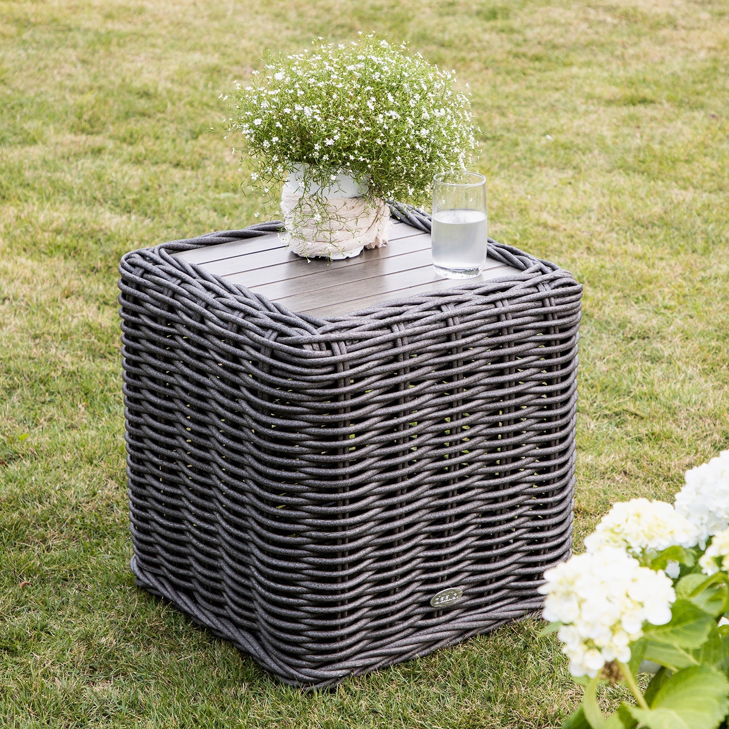 Bellagio Round Wicker Outdoor Side Table, Dark Grey