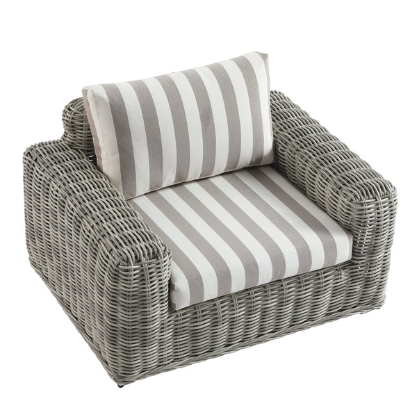 Bellagio Round Wicker Outdoor 1-Seater Sofa, Light Grey with Taupe Stripes