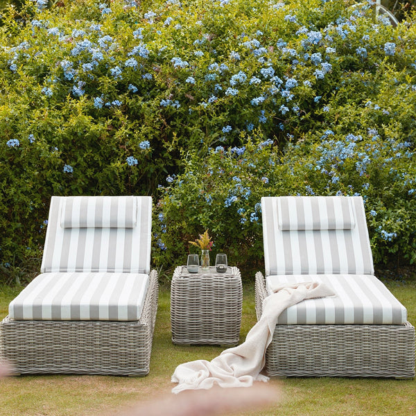 Bellagio Round Wicker Sun Lounger with Headrest, Light Grey with Taupe Stripes - daals