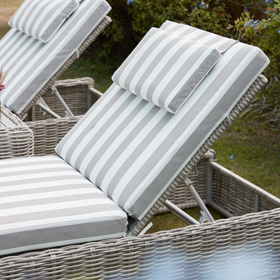 Bellagio Round Wicker Sun Lounger with Headrest, Light Grey with Taupe Stripes