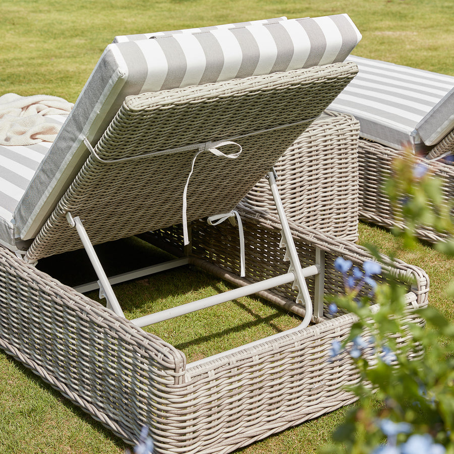 Bellagio Round Wicker Sun Lounger with Headrest, Light Grey with Taupe Stripes