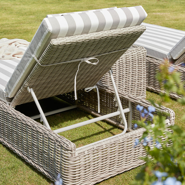 Bellagio Round Wicker Sun Lounger with Headrest, Light Grey with Taupe Stripes - daals