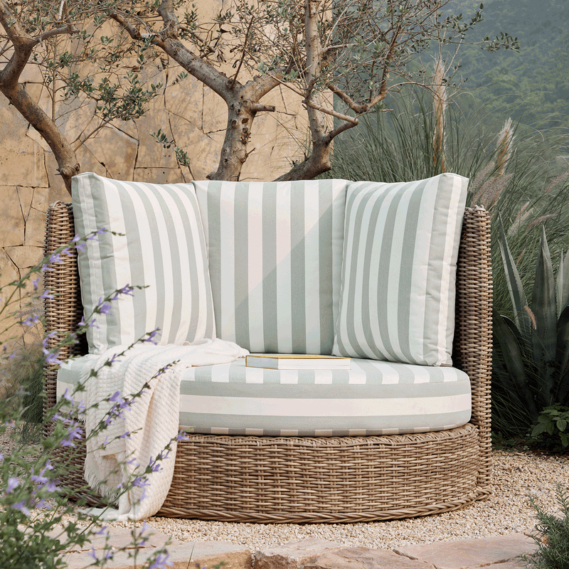 Bellagio Round Wicker Swivel Daybed, Natural with Sage Stripes