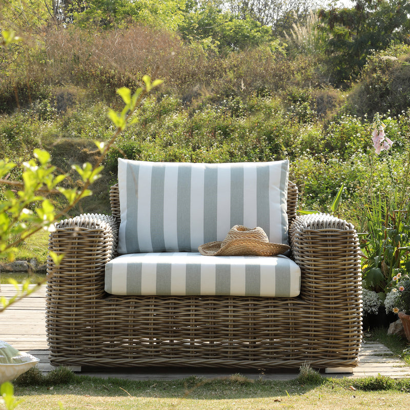 Bellagio Round Wicker Outdoor 1-Seater Sofa, Natural with Sage Stripes