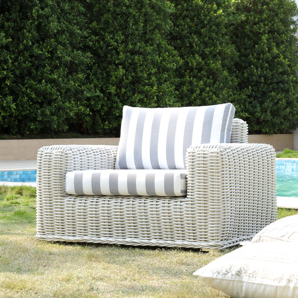 Bellagio Round Wicker Outdoor 1-Seater Sofa, White with Blue Stripes