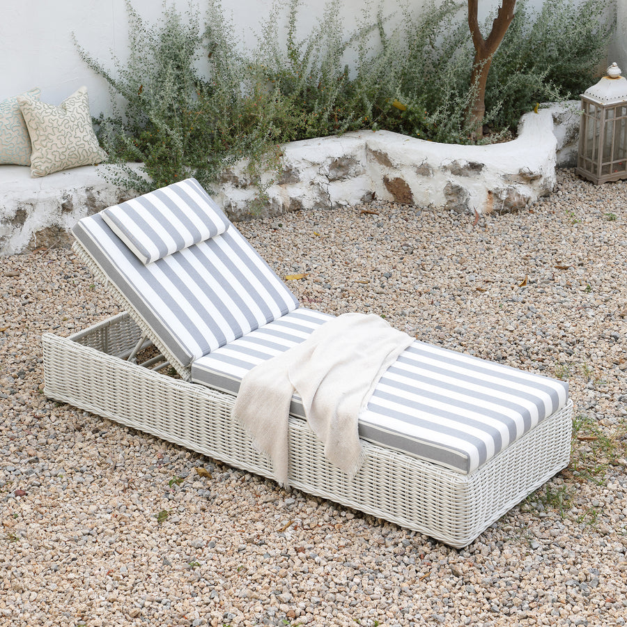 Bellagio Round Wicker Sun Lounger with Headrest, White with Blue Stripes - daals