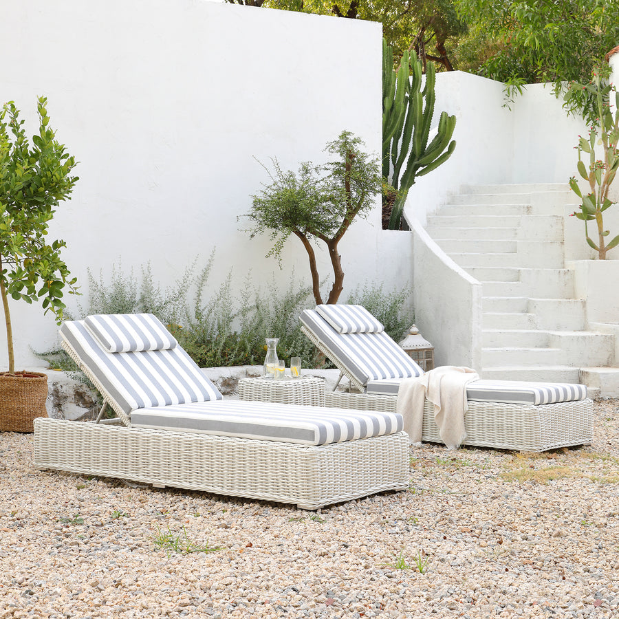 Bellagio Round Wicker Sun Lounger with Headrest, White with Blue Stripes - daals