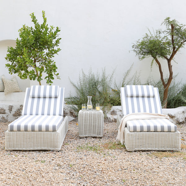 Bellagio Round Wicker Sun Lounger with Headrest, White with Blue Stripes