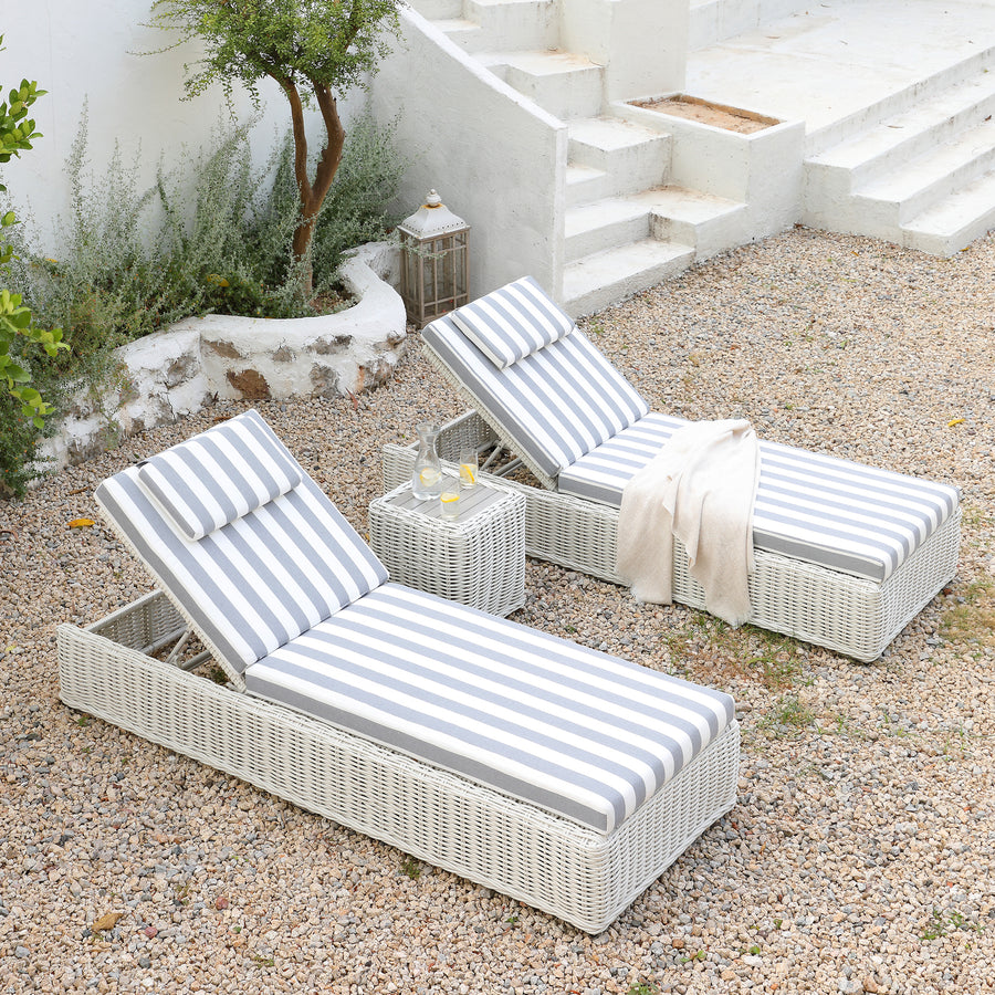 Bellagio Round Wicker Sun Lounger with Headrest, White with Blue Stripes - daals