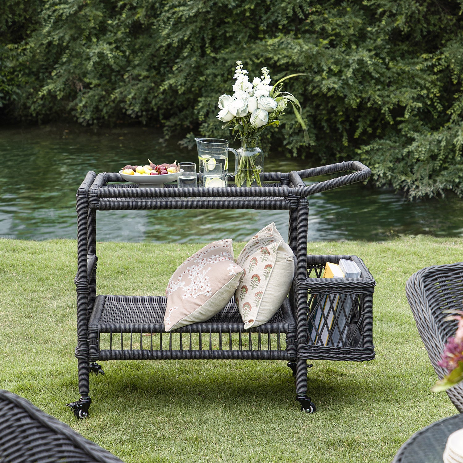 Willowbrook Lattice Weave Rattan Bar Cart, Dark Grey