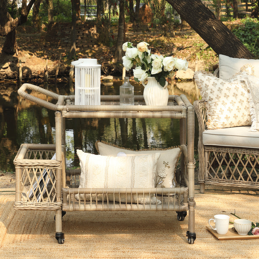 Willowbrook Lattice Weave Rattan Bar Cart, Natural