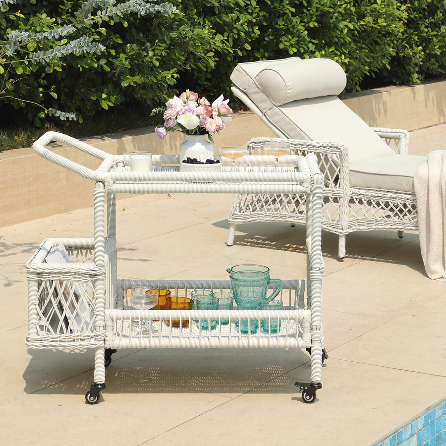 Willowbrook Lattice Weave Rattan Bar Cart, White