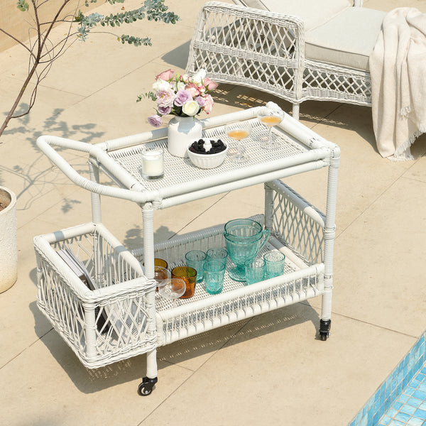 Willowbrook Lattice Weave Rattan Bar Cart, White