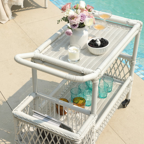 Willowbrook Lattice Weave Rattan Bar Cart, White